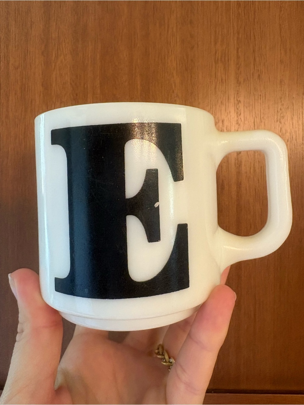 Vintage Milk Glass Mug with Black Letter E - Classic Block Initial